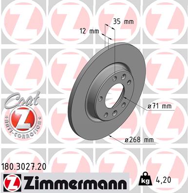 ZIMMERMANN Bremseskive 180302720 bagaksel fuld 268mm 12mm for OPEL CITROËN/PEUGEOT TOYOTA