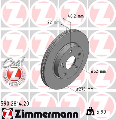 ZIMMERMANN Bremseskive 590281420 foraksel ventileret 275mm 22mm for TOYOTA