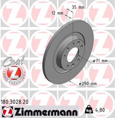 ZIMMERMANN Bremseskive 180302820 bagaksel fuld 290mm 12mm for OPEL PEUGEOT (DF-PSA) CITROËN/PEUGEOT TOYOTA