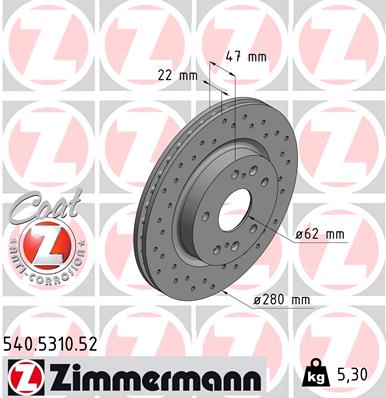 ZIMMERMANN Bremseskive 540531052 foraksel perforeret 280mm 22mm for SUZUKI