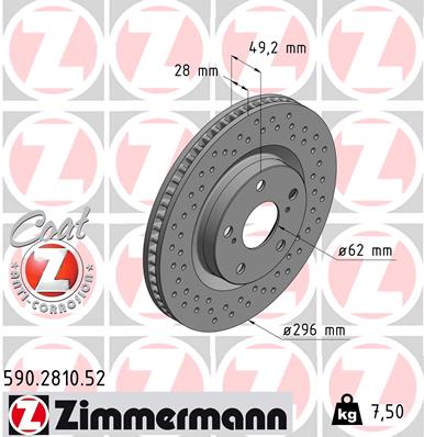 ZIMMERMANN Bremseskive 590281052 foraksel perforeret 296mm 28mm for TOYOTA