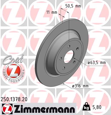 ZIMMERMANN Bremseskive 250137820 bagaksel fuld 316mm 11mm for FORD