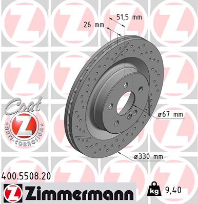 ZIMMERMANN Bremseskive 400550820 bagaksel lukket/perforeret 330mm 26mm for MERCEDES-BENZ