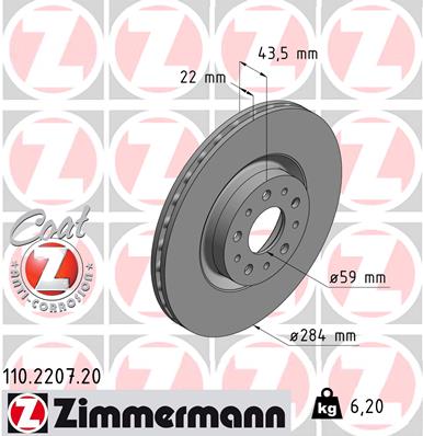 ZIMMERMANN Bremseskive 110220720 foraksel ventileret 284mm 22mm for OPEL FIAT ALFA ROMEO GENERAL MOTORS
