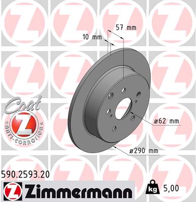 ZIMMERMANN Bremseskive 590259320 bagaksel fuld 290mm 10mm for TOYOTA