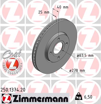 ZIMMERMANN Bremseskive 250137420 foraksel ventileret 278mm 25mm for FORD (CHANGAN) FORD