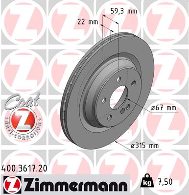 ZIMMERMANN Bremseskive 400361720 bagaksel ventileret 315mm 22mm for MERCEDES-BENZ