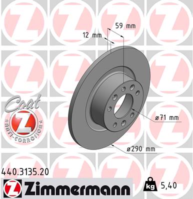ZIMMERMANN Bremseskive 440313520 bagaksel fuld 290mm 12mm for CITROËN/PEUGEOT