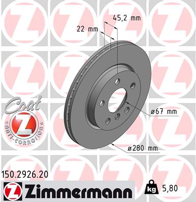 ZIMMERMANN Bremseskive 150292620 foraksel ventileret 280mm 22mm for MINI