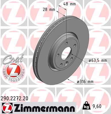 ZIMMERMANN Bremseskive 290227220 foraksel ventileret 316mm 28mm for JAGUAR