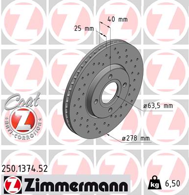 ZIMMERMANN Bremseskive 250137452 foraksel perforeret 278mm 25mm for FORD (CHANGAN) FORD