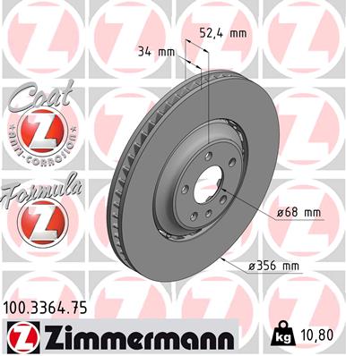 ZIMMERMANN Bremseskive 100336475 foraksel 356mm 34mm for VAG