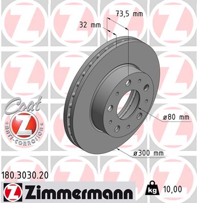 ZIMMERMANN Bremseskive 180303020 foraksel ventileret 300mm 32mm for FIAT CITROËN/PEUGEOT