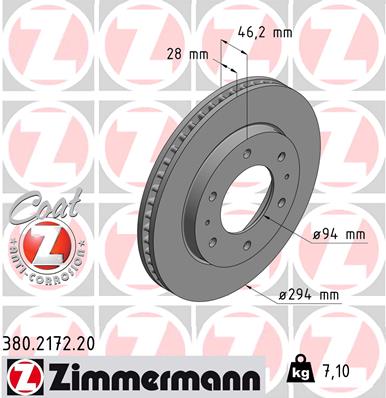 ZIMMERMANN Bremseskive 380217220 foraksel indvendig ventileret 294mm 28mm for FIAT MITSUBISHI
