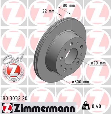 ZIMMERMANN Bremseskive 180303220 bagaksel udvendig ventileret 300mm 22mm for FIAT CITROËN/PEUGEOT