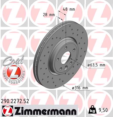 ZIMMERMANN Bremseskive 290227252 foraksel perforeret 316mm 28mm for JAGUAR