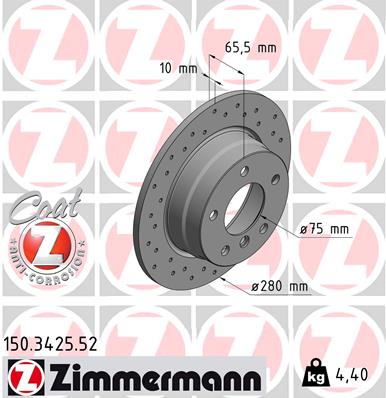 ZIMMERMANN Bremseskive 150342552 bagaksel perforeret 280mm 10mm for BMW