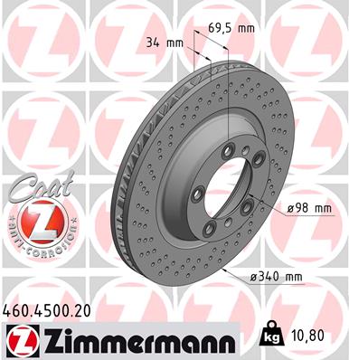 ZIMMERMANN Bremseskive 460450020 venstre foraksel perforeret 340mm 34mm for PORSCHE