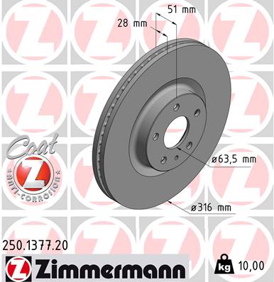 ZIMMERMANN Bremseskive 250137720 foraksel ventileret 316mm 28mm for FORD