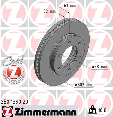 ZIMMERMANN Bremseskive 250139020 foraksel ventileret 302mm 32mm for FORD MAZDA VAG