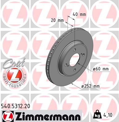ZIMMERMANN Bremseskive 540531220 foraksel ventileret 252mm 20mm for SUZUKI