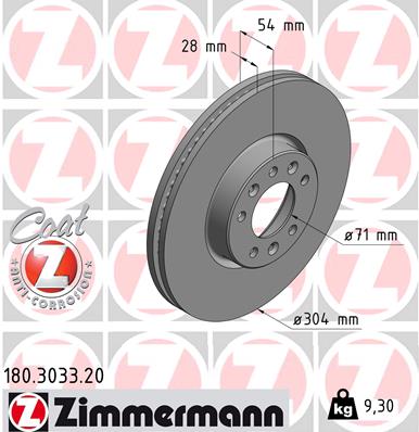 ZIMMERMANN Bremseskive 180303320 foraksel ventileret 304mm 28mm for FIAT TOYOTA CITROËN/PEUGEOT