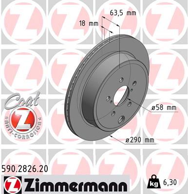 ZIMMERMANN Bremseskive 590282620 bagaksel ventileret 290mm 18mm for SUBARU TOYOTA