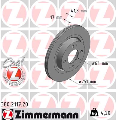ZIMMERMANN Bremseskive 380211720 foraksel ventileret 251mm 17mm for MITSUBISHI