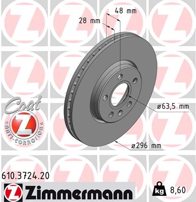 ZIMMERMANN Bremseskive 610372420 foraksel ventileret 296mm 28mm for VOLVO ASIA