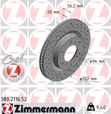 ZIMMERMANN Bremseskive 380211652 foraksel perforeret 332mm 28mm for MITSUBISHI