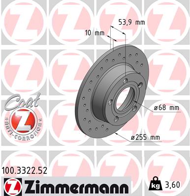 ZIMMERMANN Bremseskive 100332252 bagaksel perforeret 254mm 10mm for AUDI