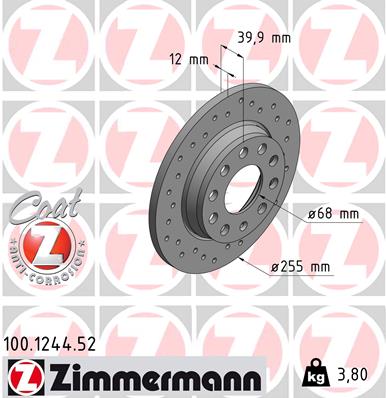 ZIMMERMANN Bremseskive 100124452 bagaksel perforeret 255mm 12mm for VAG AUDI (FAW)