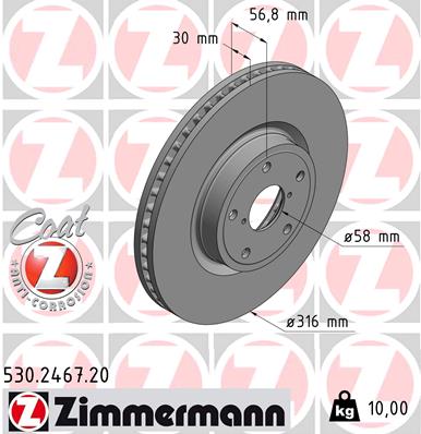 ZIMMERMANN Bremseskive 530246720 foraksel ventileret 316mm 30mm for SUBARU