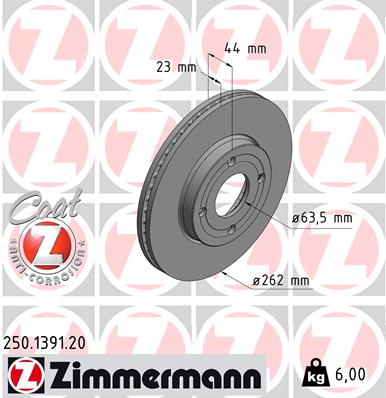 ZIMMERMANN Bremseskive 250139120 foraksel ventileret 262mm 23mm for FORD