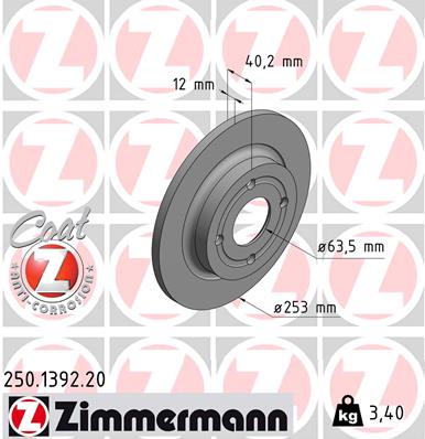ZIMMERMANN Bremseskive 250139220 bagaksel fuld 253mm 12mm for FORD