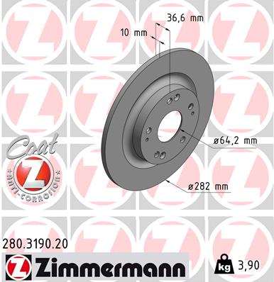 ZIMMERMANN Bremseskive 280319020 bagaksel fuld 282mm 10mm for HONDA