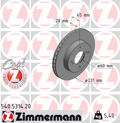 ZIMMERMANN Bremseskive 540531420 foraksel ventileret 231mm 20mm for SUZUKI