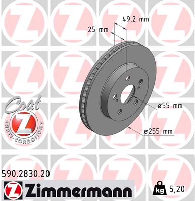 ZIMMERMANN Bremseskive 590283020 foraksel ventileret 255mm 25mm for TOYOTA
