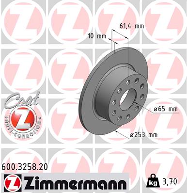 ZIMMERMANN Bremseskive 600325820 bagaksel fuld 253mm 10mm for VAG