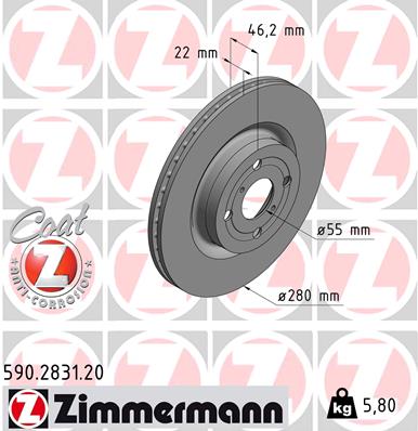 ZIMMERMANN Bremseskive 590283120 foraksel ventileret 280mm 22mm for TOYOTA
