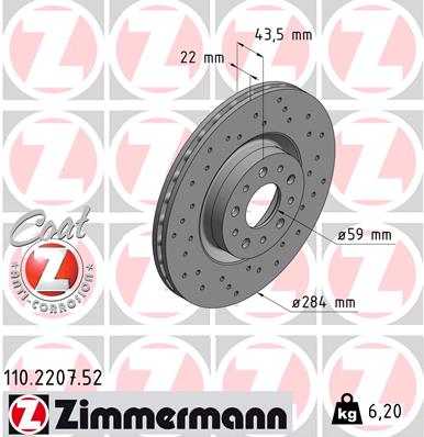 ZIMMERMANN Bremseskive 110220752 foraksel perforeret 284mm 22mm for OPEL FIAT ALFA ROMEO GENERAL MOTORS