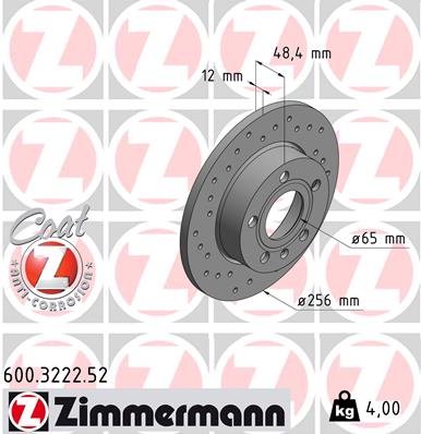 ZIMMERMANN Bremseskive 600322252 bagaksel perforeret 256mm 12mm for VW (SVW) VW (FAW) VAG SKODA (SVW)