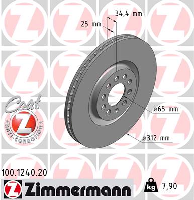 ZIMMERMANN Bremseskive 100124020 foraksel ventileret 312mm 25mm for VAG VW (FAW)