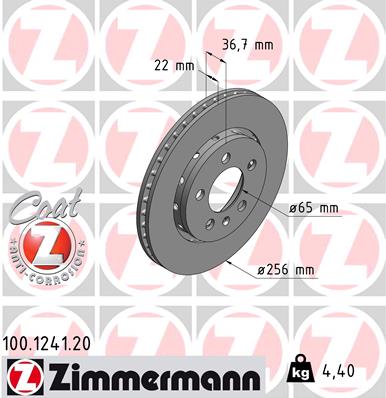 ZIMMERMANN Bremseskive 100124120 bagaksel udvendig ventileret 256mm 22mm for VW (FAW) VAG
