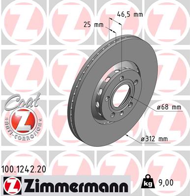 ZIMMERMANN Bremseskive 100124220 foraksel udvendig ventileret 312mm 25mm for AUDI (FAW) VAG