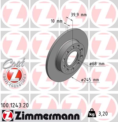 ZIMMERMANN Bremseskive 100124320 bagaksel fuld 245mm 10mm for AUDI
