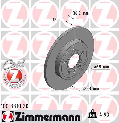 ZIMMERMANN Bremseskive 100331020 bagaksel fuld 288mm 12mm for AUDI (FAW)