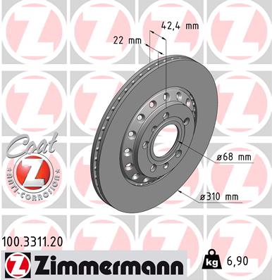 ZIMMERMANN Bremseskive 100331120 bagaksel udvendig ventileret 310mm 22mm for VAG