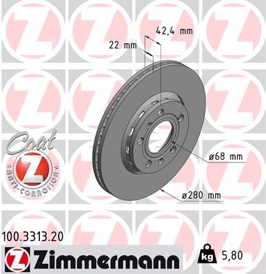 ZIMMERMANN Bremseskive 100331320 bagaksel udvendig ventileret 280mm 22mm for VAG