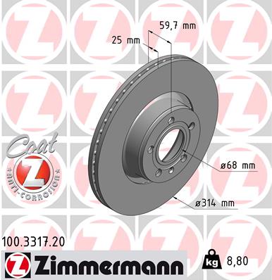 ZIMMERMANN Bremseskive 100331720 foraksel udvendig ventileret 314mm 25mm for AUDI (FAW)